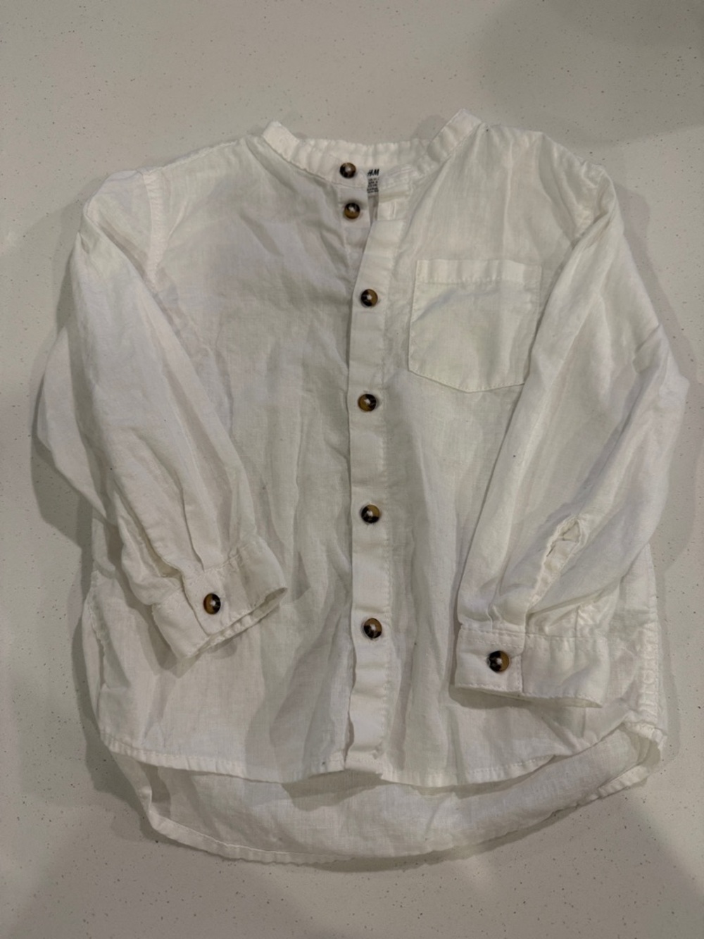 H&M White Collarless Linen-Blend Button Down Shirt